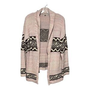 Ecote Cardigan Pink Brown Open Front Geo Print Shawl Collar Grandpa Sweater